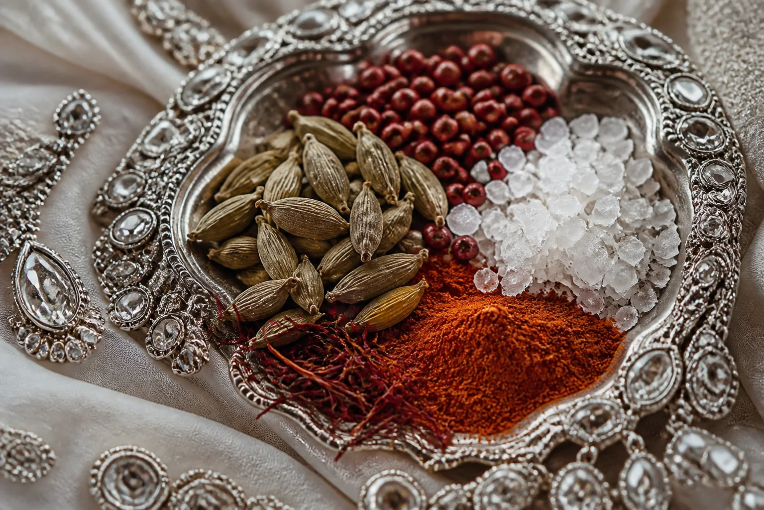 Кардамон, розовый перец, шафран и морская соль на серебряном блюде